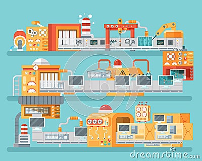 Vertical illustration of conveyor for assembly and packaging, production personal computers in flat style Cartoon Illustration
