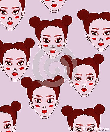 cute collage. many identical female heads, a portrait of one pretty unusual girl, with a funny hairstyle, no emotions on a pink Cartoon Illustration