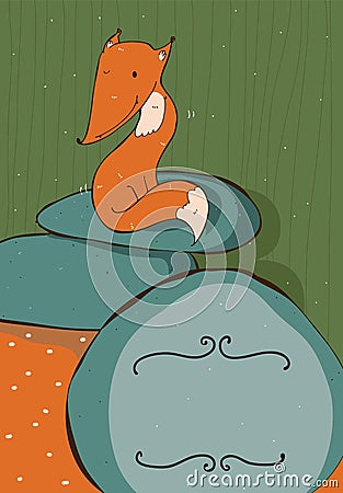 Vertical illustration with cute sitting on blue stones ginger fox Cartoon Illustration