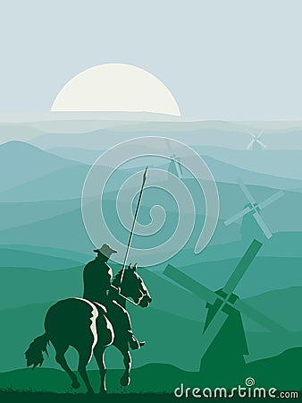 Vertical illustration of horseman Don Quixote galloping in fro Vector Illustration