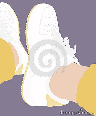 Vertical illustration of a pair of feet wearing sneakers and pants on a violet background Cartoon Illustration