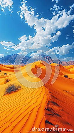 vertical illustration of sand dune desert landscape in front and mountains in background with blue cloudy sky Cartoon Illustration