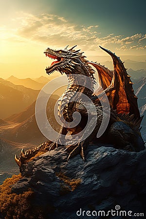 Vertical image of an angry medieval gray dragon on mountain rocks against the backdrop of sunrise Stock Photo