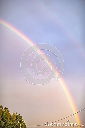 Vertical image of a beautiful rainbow above the trees, double rainbow Stock Photo