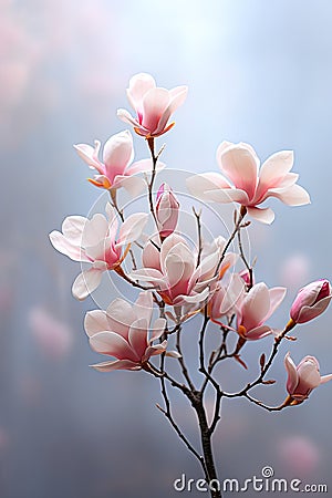 vertical image closeup of pink magnolia tree flowers, dreamy floral background Stock Photo