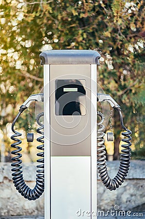 Vertical image of an electric car charger with two outlets. Image with shallow depth of field Stock Photo