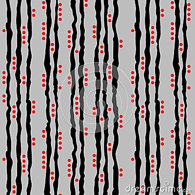 Vertical jagged black stripes and red dots on a gray background. Seamless pattern Vector Illustration
