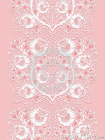 Vertical lace seamless ribbon with roses. White lacy on a pink background. Vector Illustration