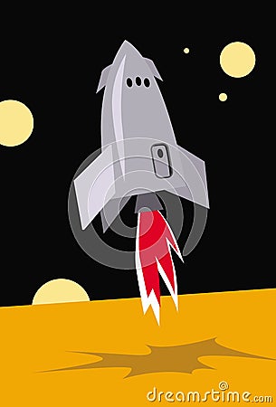 Vertical landing. Rocket carefully lands on the surface of Mars. Vector Illustration