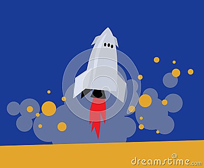 Vertical landing. The rocket lands on the surface of a faraway planet. Print. Illustration. Vector Illustration