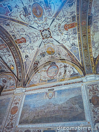 Vertical low angle shot of the ceiling of Palazzo Vecchio in Florence Italy Editorial Stock Photo