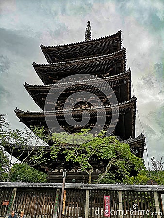 Vertical low angle shot of the Hokanji Temple in Kyoto, Japan Stock Photo