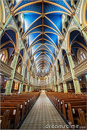 Vertical low angle shot of the interior of Notre Dame Cathedral Basilica in Ottawa, Canada Editorial Stock Photo
