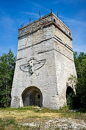 Vertical low angle shot of a monument with an eagle carving in Ligota Dolna village in Poland Editorial Stock Photo