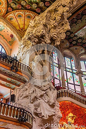 Vertical low-angle view from the theatre balconies interior of Palau de la Musica in Barcelona Editorial Stock Photo