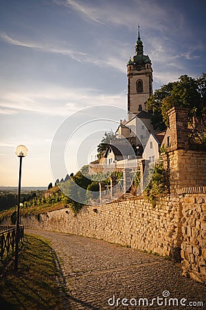 Vertical of the Melnik Castle at golden hour in the Czech Rupublic Stock Photo