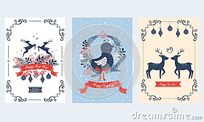 Vertical Merry Christmas and Happy Holidays Cards with Fir Tree Branches, Deer and Decorative Snowflakes Vector Set Vector Illustration