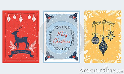 Vertical Merry Christmas and Happy Holidays Cards with Fir Tree Branches, Deer and Decorative Snowflakes Vector Set Vector Illustration