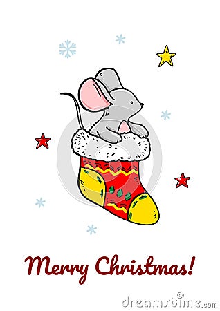 Vertical Merry Christmas and Happy New Year greeting card with a cute mouse. Hand drawn vector illustration Vector Illustration