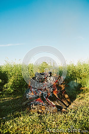 Vertical of a midsummer solstice bonfire, traditional Latvian summer solstice celebration Stock Photo
