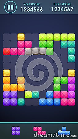 Vertical mobile phone screen with block game playing process. Colorful puzzle elements on the game board. Vector Illustration