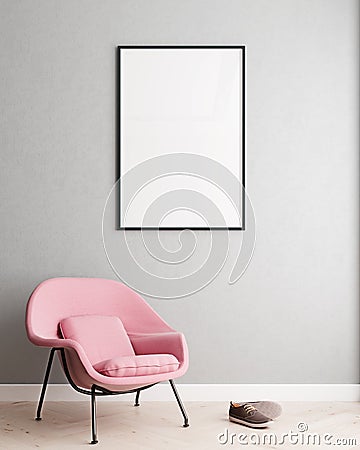 Vertical mock up poster frame in modern interior background, millennial pink armchair in living room, Scandinavian style Cartoon Illustration