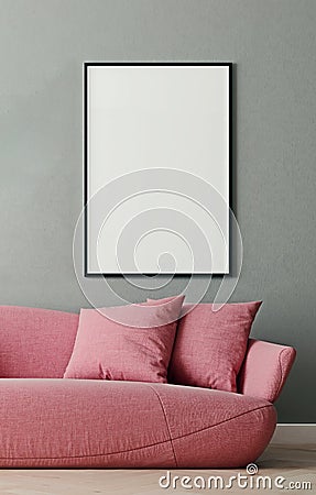 Vertical mock up poster frame in modern interior background, millennial pink sofa in living room, Scandinavian style Cartoon Illustration