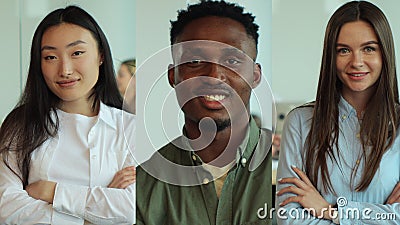 Vertical multiscreen on happy multiethnic male and female employees at work. Close up portrait of workers smiling at Stock Photo