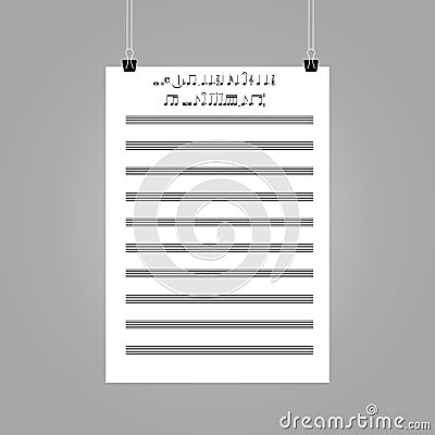 Vertical music paper hanging mockup with music notes Vector Illustration
