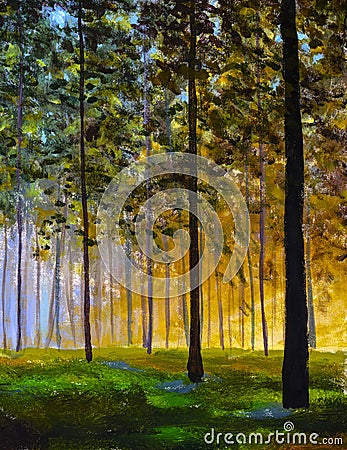 Sun in forest. Illustranion Green spring trees in forest. Beautiful magic landscape Cartoon Illustration