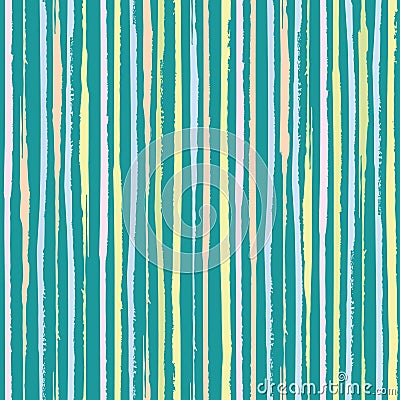 Vertical painterly pink, blue, coral pastel stripes. Dense seamless vector pattern on turquoise teal background. Great Vector Illustration