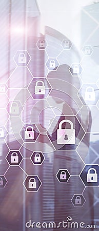 Vertical Panorama Banner. Cybersecurity, Information privacy, data protection, virus and spyware defense. Stock Photo