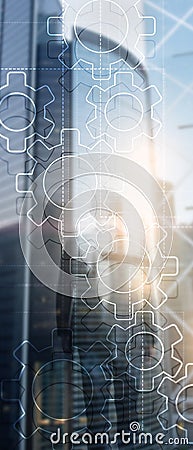 Vertical Panorama Banner. Double exposure gears mechanism on blurred background. Business and industrial process Stock Photo