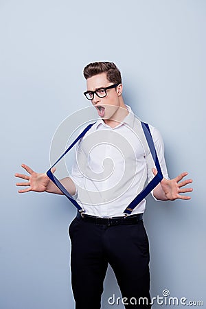 Vertical photo of attractive young playful flirty excited man in Stock Photo