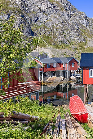 Vertical photo capturing traditional red Rorbu fishing cabins on stilts along the rocky shores of the Lofoten Islands in Norway, Stock Photo