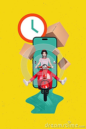 Vertical photo collage of crazy scooter driver woman delivery courier fast speed shipping track timer app isolated on Stock Photo