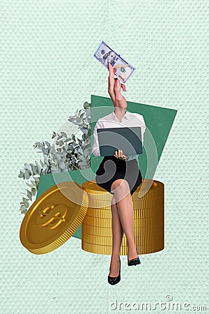 Vertical photo collage design artwork of headless workaholic business lady trader receive much crypto dollars Editorial Stock Photo