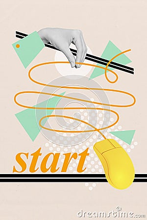 Vertical photo collage of hand hold wire computer mouse user device cursor button cable control isolated on painted Stock Photo