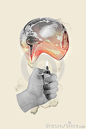 Vertical photo collage picture human hand ignite lighter earth planet globe catastrophe harmful pollution nature danger Stock Photo