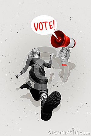 Vertical photo collage picture young running girl showing activism vote proclaim loudspeaker democracy rights drawing Stock Photo