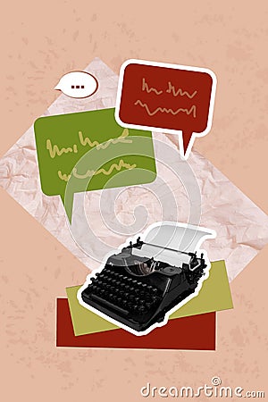 Vertical photo collage of retro typewriter machine bubble communication mind conversation typescript isolated on painted Stock Photo
