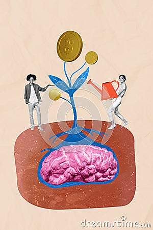 Vertical photo drawing collage of two youngsters watering brain money coin growing concept of business plan idea on Stock Photo