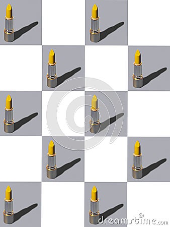 Vertical photo of yellow and silver lipstick chess pattern repeating pattern on gray and white background Stock Photo