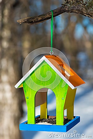 Vertical photograph bird feeders handcrafted Stock Photo
