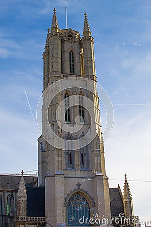 Vertical picture of the facade of Saint Bavo Cathedral Sint-Baafskathedraal in Sint-Baafsplein in Ghent, Belgium, during a sunny Stock Photo