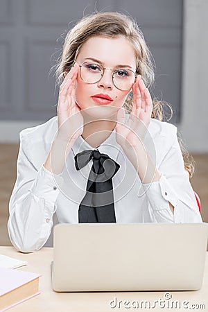 Vertical portrait of businesswoman wearing Stock Photo