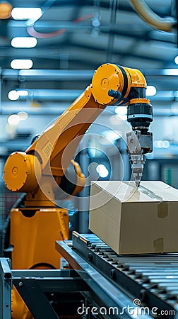 Vertical portrait of robotic arm picking up box from conveyor belt Stock Photo