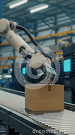 Vertical portrait of robotic arm picking up box from conveyor belt Stock Photo