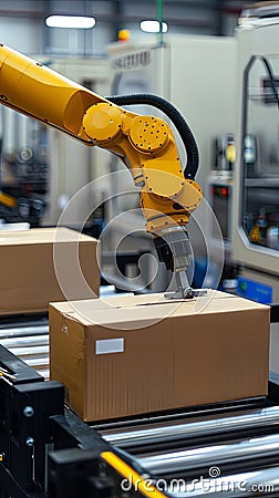 Vertical portrait of robotic arm picking up box from conveyor belt Stock Photo