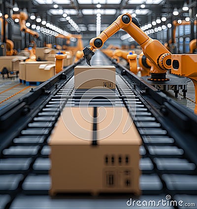 Vertical portrait of robotic arm picking up box from conveyor belt Stock Photo